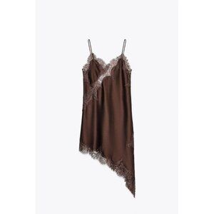 NWOT Zara Medium Satin Lace Brown Asymmetrical Dress